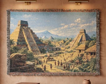 Antico arazzo Maya da appendere al muro, arazzo mesoamericano con piramidi, coperta tessuta, arte murale del tempio, rovine, decorazioni, rovine storiche, decorazioni per la casa
