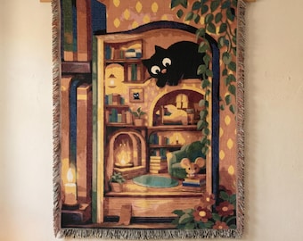 Arazzo con simpatico gatto nero da appendere alla parete, ideale per un accogliente angolo lettura, grande coperta tessuta, decorazione in stile cottagecore per amanti dei libri, regalo stravagante per la stanza.
