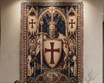 Templar Knight Tapestry Wall Hanging Crusader Wall Art Medieval Christian Knight Decor Woven Throw Blanket Gothic Castlecore Bedroom Accent