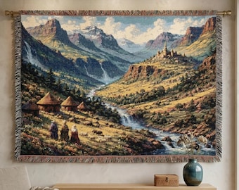 Fantasy Berg Tapisserie Wandbehang Mittelalter Burg Tal Malerische Landschaft Gewebte Decke Wasserfall Fluss RPG Dekor Wand Kunst Geschenk