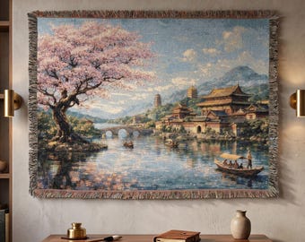 Arazzo da parete con fiori di ciliegio, paesaggio cinese, coperta tessuta, arte murale in stile palazzo asiatico, giardino fluviale, decorazione scenica, regalo