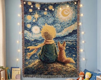Kleiner Prinz Inspiriert Tapisserie Wandbehang Junge und Fuchs Sternennacht Gewebte Decke Himmlische Märchenbuch Kinder Schlafzimmer Wandkunst Geschenk
