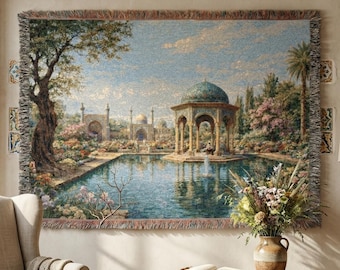 Persisk trädgårdsgobeläng väggkonst vävd filt islamisk gårdsdekor påfågel poollandskap väggbonad blommig palats vintagetema