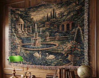 Arazzo romantico da giardino con cigni, verdure, decorazione murale francese, coperta tessuta, fontana, decorazione floreale, vittoriano, cottagecore, regalo