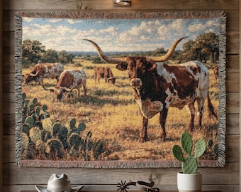 Väggdekoration med västlig longhorn-gobeläng, vävd filt, rustik ranchdekor, Texas boskapsbondgård, stor väggbonad, sydvästra prärien