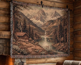 Bergsee Kabine gewebter Wandbehang, rustikale alpine Landschaft Textilkunst, gemütliches Cottagecore Dekor, Naturhütte Geschenk, Wanddekoration