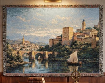 Arazzo vintage di città mediterranea, decorazione murale europea con fiume, città fluviale, coperta tessuta, castello, paesaggio storico, regalo