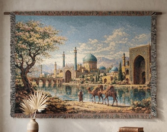 Vintage Persische Wandteppich hängen Nahöstliche Wandkunst Gewebte Decke Islamische Architektur Dekor Orientalische Landschaftswanddekor