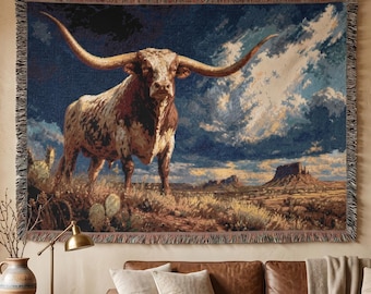 Western Longhorn Tapestry Wall Hanging Texas Ranch Wall Art Rustic Desert Decor Southwest Woven Throw Blanket Country Farmhouse Home Decor