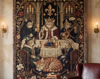 Medieval Cat Tapestry Wall Hanging Royal Cat Wall Art Large Wall Tapestry Woven Throw Blanket Gothic Cat Decor Dark Academia Cat Lover Gift