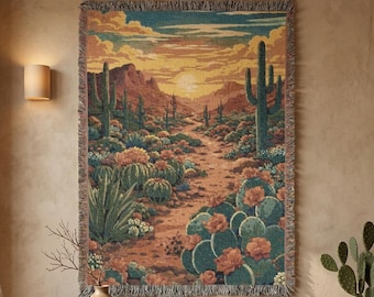 Wüste Sonnenuntergang Tapisserie Wandbehang Kaktus Landschaft Gewebte Decke Südwesten Boho-Wanddekor Arizona Westernwand Kunst Rustikales Haus Geschenk