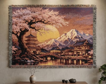 Kirschblüte Tapisserie Wandbehang Japanischer Tempel Sonnenuntergang Berg Gewebte Decke Asiatisches Dekor Sakura Pagode Wand Kunst Landschaft Geschenk
