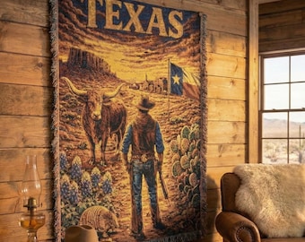 Texas Wandbehang Western Cowboy Longhorn Gewebte Decke Rustikale Ranch Dekor Vintage Wüstenlandschaft Klassische Wandbehang