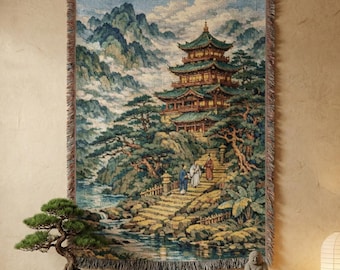 Chinesische Landschaft Tapisserie Wandbehang Gewebte Tapisserie Decke Berg Asiatischer Tempel Pagode Wand Dekor Malerische Wand Kunst Serene Zen Raum Dekor