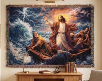 Arazzo di Gesù che calma la tempesta, decorazione murale cristiana, coperta tessuta, scena biblica dell'oceano, arte murale religiosa, regalo per la casa a tema fede.