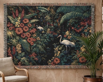 Tropischer Kranich Wandbehang Dschungel Floral Gewebte Decke Maximalist Botanische Dekoration Stimmungsvoll Vogel Wand Kunst Exotischer Garten Geschenk