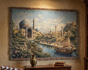 Tapiz persa, tapiz de pared, tapiz de arquitectura islámica, manta tejida, arte mural de Oriente Medio, decoración de ciudad fluvial oriental, vintage