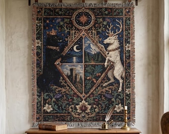 Black Wolf White Stag Tapestry Wall Hanging Heraldic Crest Wall Art Gothic Fantasy Decor Woven Throw Blanket Dark Academia Castlecore Accent