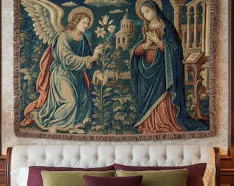 Vintage gewebte Decke Tapisserie werfen Wandbehang europäischen Dekor Sakrale Kunst Renaissance Engel und Madonna Antique Tapisserie Verdure Wandkunst