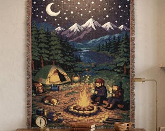 Camping Tapestry Wall Hanging Mountain Campfire Wall Art Night Sky Forest Lake Scene Throw Blanket Cozy Cabin Decor Adventure Lover Gift