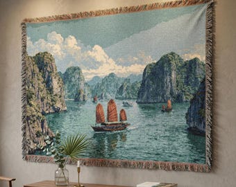 Tapiz de la Bahía de Halong, tapiz de pared, paisaje marino de Vietnam, arte mural, manta tejida, paisaje de acantilado costero, decoración de viaje vintage