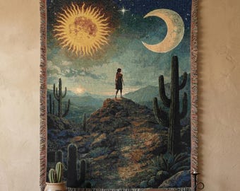 Tapiz del desierto celestial, tapiz de pared, arte de pared del sol y la luna, manta tejida, cactus del suroeste, gran tapiz de pared, decoración bohemia mística