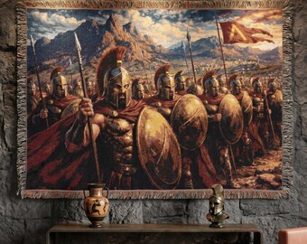 Arazzo da parete con guerriero spartano, arte greca antica, scudo di bronzo, scena di battaglia dell'esercito, coperta decorativa, regalo per amanti della storia, per lui