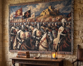 Arazzo da parete dell'esercito crociato, cavaliere medievale, scena di battaglia templare, decorazione per castello, coperta storica, regalo per gli amanti della storia