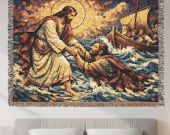Jesus geht auf Wasser Große Tapisserie Wandkunst Gewebte Tapisserie Decke Christian Wandbehang Religiöses Dekor Vintage Mosaik Fransen werfen