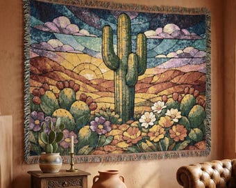 Tapiz de cactus del suroeste para pared, decoración del desierto, manta tejida, decoración de saguaro, decoración floral del desierto, estilo boho de Arizona, decoración del oeste para el hogar