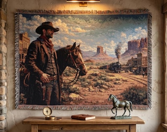 Arazzo da parete con cowboy del West, arte murale del Vecchio West, decorazione per ranch di cavalli, scena del deserto del West, coperta, decorazione per la tana dell'uomo, regalo per lui