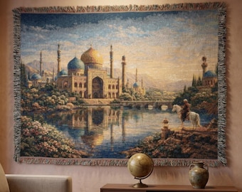 Persischer Palast Wandbehang Sonnenuntergang See Landschaft Gewebte Decke maurische Naher Osten Wand Kunst Maximalist Schlafzimmer Dekor Geschenk