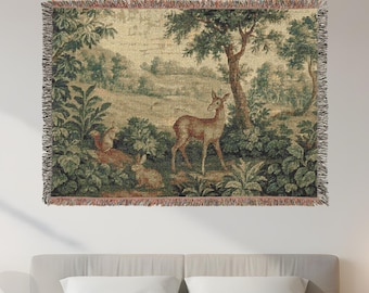 Vintage Gobelin Decke Wald Hirsch Szene Klassische Wandteppich Verdure Landschaft Gewebter Wandteppich Kunst Wandbehang Großes Wanddekor