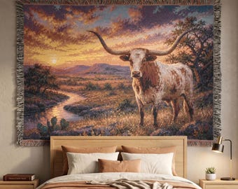 Texas Longhorn Tapestry Wall Hanging Western Ranch Wall Art Rustic Southwestern Decor Desert Sunset Woven Throw Blanket Country Home Accent