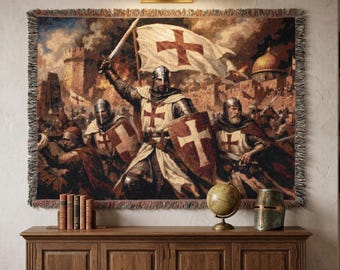 Arazzo da crociato di grandi dimensioni, decorazione murale medievale con cavaliere, decorazione da battaglia templare, coperta tessuta, guerriero cristiano, regalo storico per la casa