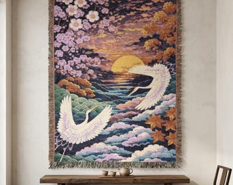 Japanischer Kranich Wandbehang Klassisch Gewebte Decke Kirschblüte Sonnenuntergang Dekor Asiatisches Thema Landschaft Wand Kunst Zen Raum Geschenk
