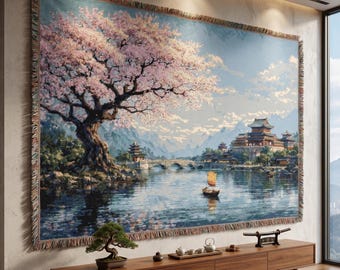 Cherry Blossom Tapestry Wall Hanging Asian Landscape Wall Art Traditional Lake Palace Decor Scenic Spring Woven Throw Blanket Home Decor