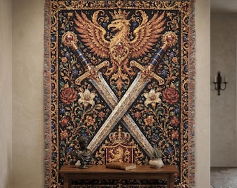 Heraldic Eagle Tapestry Wall Hanging Medieval Sword Wall Art Gothic Floral Crest Decor Woven Throw Blanket Dark Academia Castlecore Room Art