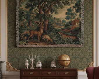 Europäischer Vintager Wandteppich Gewebter Wandbehang Landwald Wandteppich Gewebte Decke werfen für Wohnkultur, Wandkunst, rustikales Schlafzimmerdekor