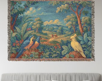 Vintage Vögel gewebte Tapisserie Decke Retro Grün Landschaft Klassische Wandteppich Kunst Gewebte Decke werfen Wandbehang Großes Wanddekor