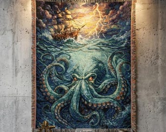 Kraken Woven Tapisserie Wandbehang Oktopus Seemonster Piratenschiff Stürmischer Ozean Gewebte Decke Nautische Gotische Wand Kunst Dekor Geschenk