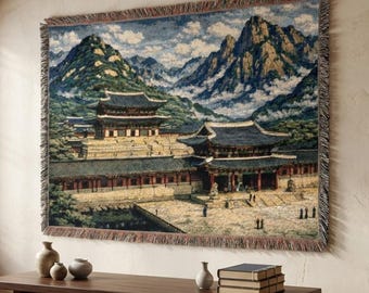 Arazzo da parete con motivo palazzo coreano, coperta tessuta, decorazione da parete con paesaggio montano di Joseon Hanok, arte murale asiatica, regalo estetico di Seoul Kdrama