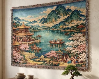 Kirschblüte See Wandbehang Gewebte Decke Asiatische Pagode Landschaft Wanddeko, Sakura Wandkunst, Cottagecore Boho Geschenk Zen