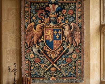 Heraldischer Kamm Tapisserie Wandbehang Mittelalterliches Schild Adler Wappen Goth Blumendekor Gewebte Decke Antike Wandkunst Geschenk für Zuhause