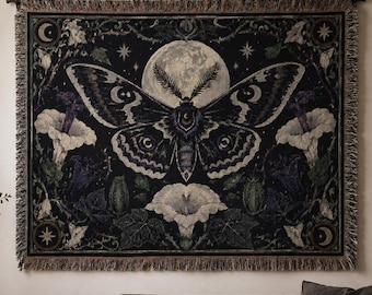 Gothic Moth Tapestry Wall Hanging Botanical Moon Wall Art Large Wall Tapestry Woven Throw Blanket Dark Floral Witchy Celestial Room Decor
