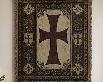 Templar Cross Tapestry Wall Hanging Medieval Crusader Banner Wall Art Large Woven Throw Blanket Gothic Castle Knight Decor
