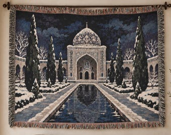 Persian Winter Garden Tapestry Wall Hanging Blue Palace Wall Art Woven Throw Blanket Moorish Courtyard Decor