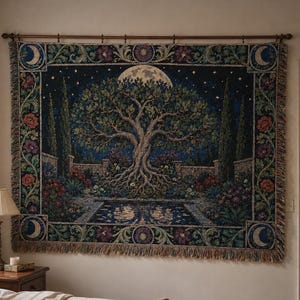 May include: A rectangular woven wall tapestry featuring a central large tree with exposed roots, a full moon, and a starry night sky. The border displays floral patterns and moon phases in shades of blue, green, purple, and gold with fringed edges.