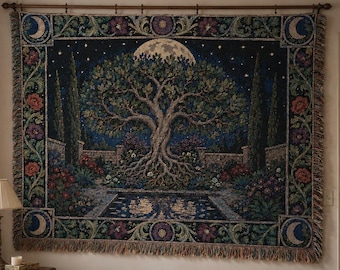 Moon Garden Tree Tapestry Wall Hanging Tree of Life Wall Art Large Wall Tapestry Woven Throw Blanket Old World Botanical Celestial Decor