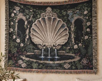 Gothic Garden Fountain Tapestry Wall Hanging Shell Fountain Wall Art Woven Throw Blanket Secret Garden Decor